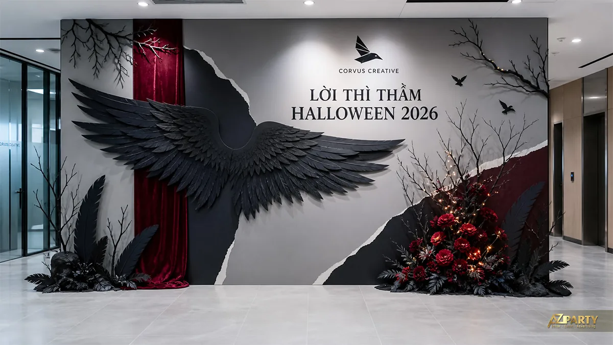 Backdrop Halloween đen trắng đỏ với đôi cánh quạ lớn, cành khô và hoa hồng