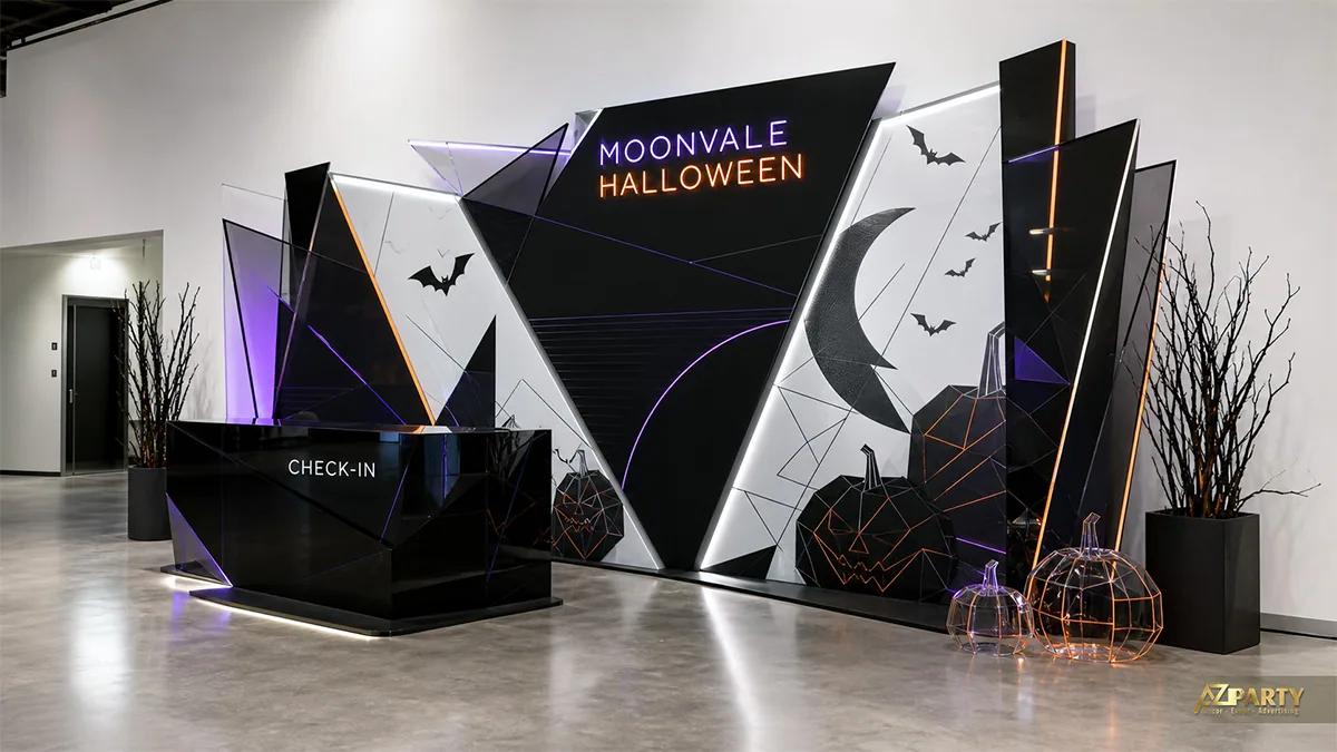 Backdrop check-in Halloween hình học đen trắng với bí ngô khung dây và đèn cam tím