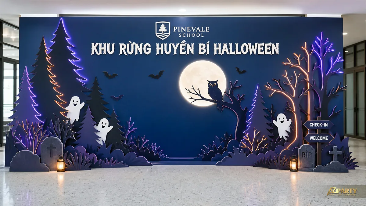 Khu check-in Halloween khu rừng huyền bí với cây phát sáng, ma trắng và bia mộ