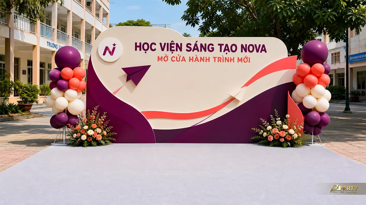 Backdrop check-in Học viện Sáng tạo Nova màu tím hồng với máy bay giấy, bóng và hoa