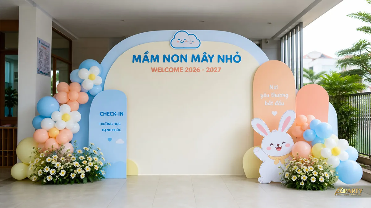 Backdrop check-in Mầm non Mây Nhỏ màu xanh cam pastel với chú thỏ, bóng và hoa cúc