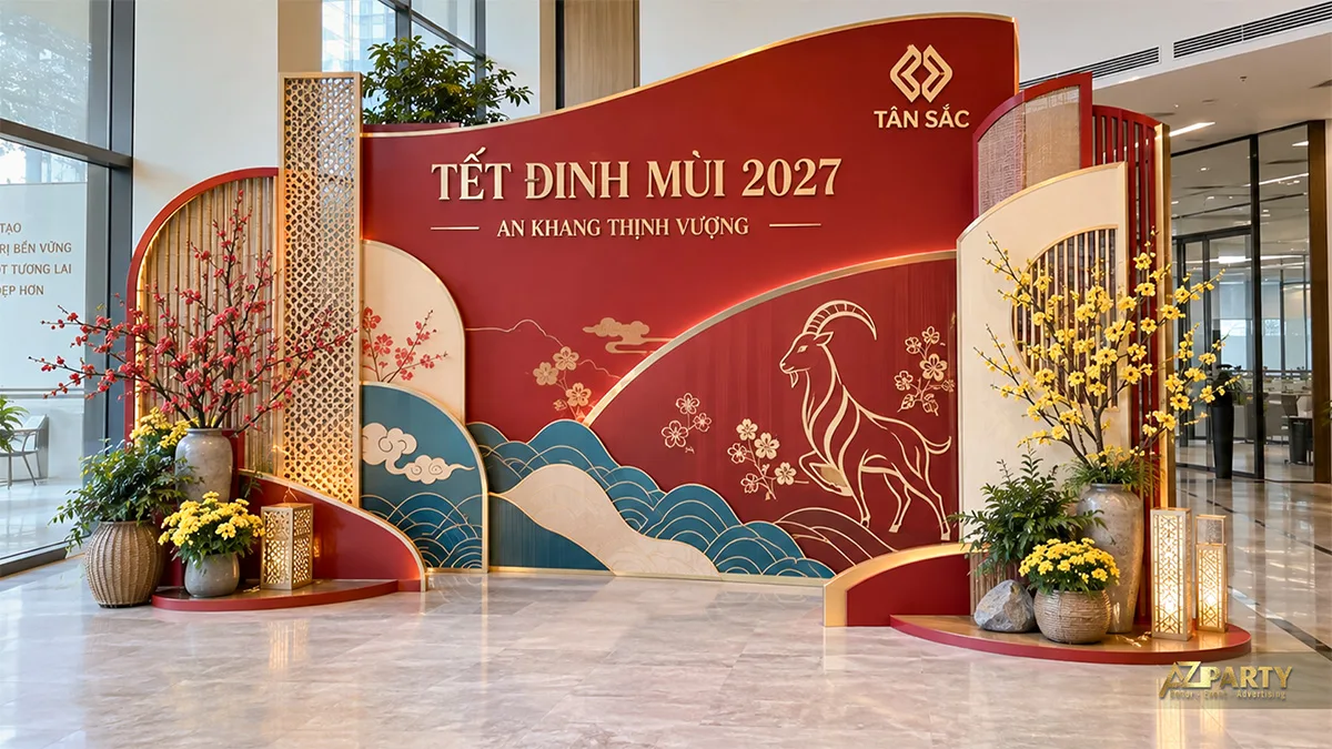 Backdrop Tết đỏ uốn lượn với hình dê, vách đục hoa văn và chậu hoa hai bên