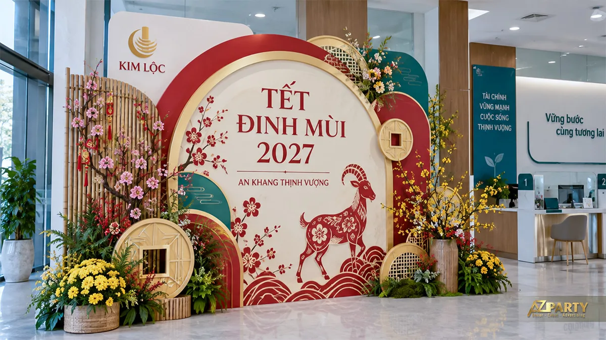 Backdrop vòng đỏ kem trong sảnh ngân hàng với khung tre, hoa đào và hoa mai