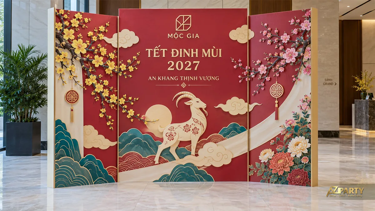 Backdrop ba mảng đỏ kem với hoa mai, hoa đào, núi xanh và hình dê