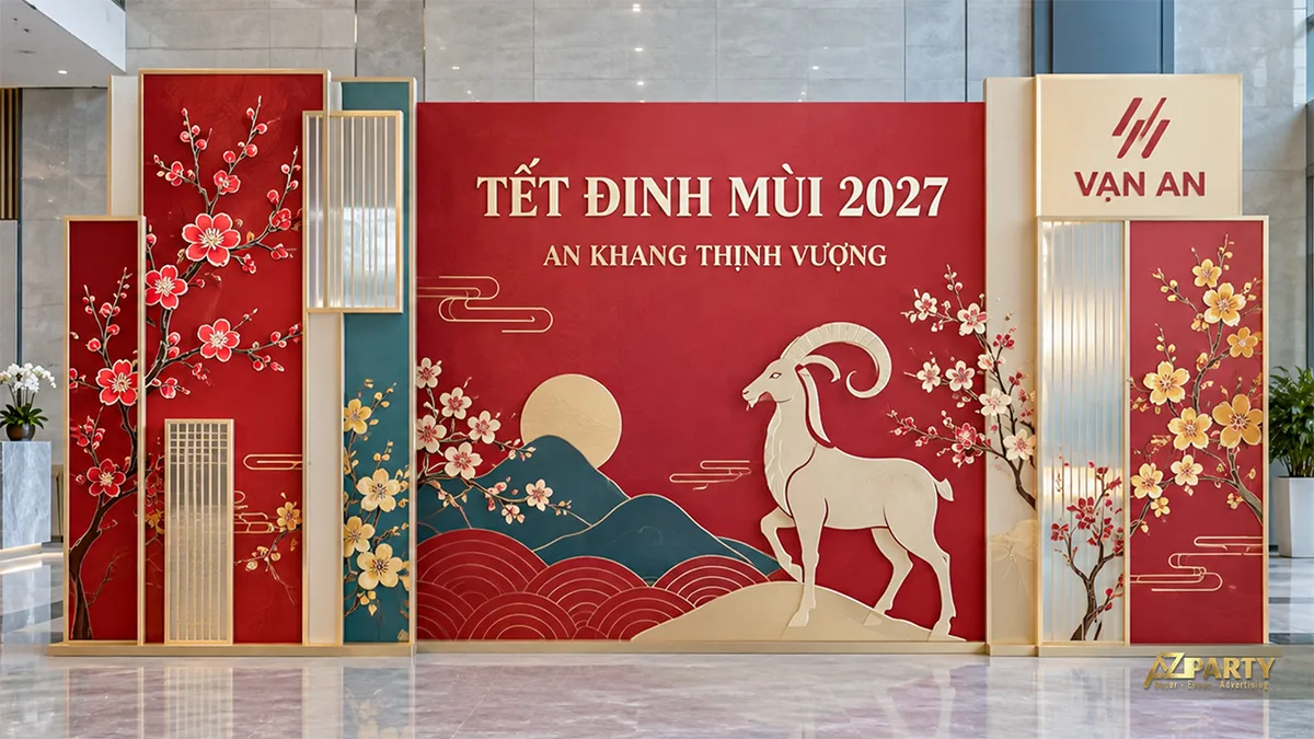 Backdrop đỏ hiện đại với mảng đứng xuyên sáng, hoa đào mai và hình dê