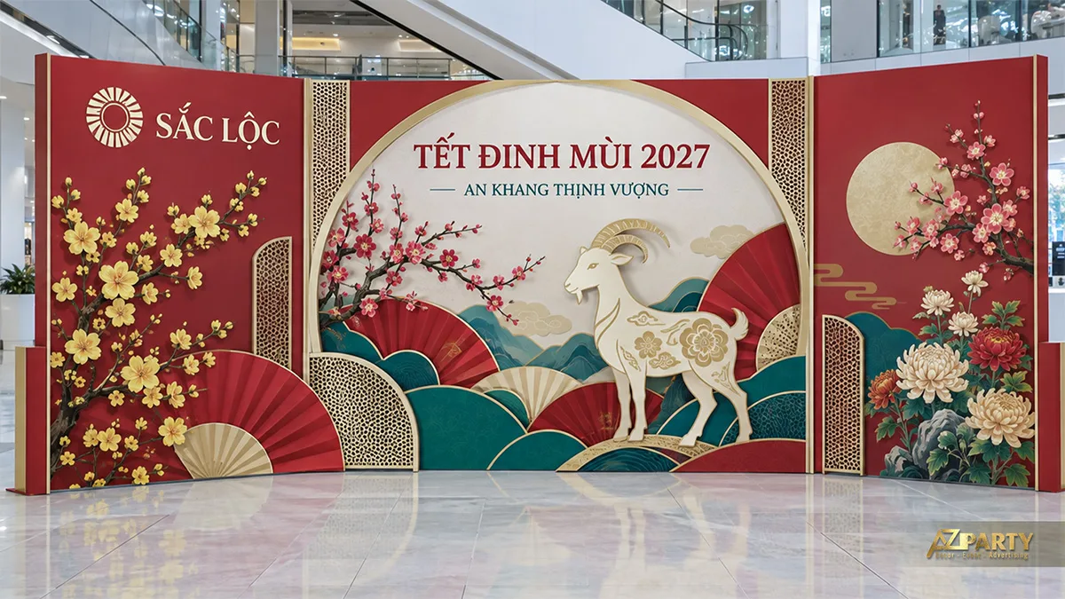 Backdrop vòng kem đỏ xanh với quạt trang trí, hoa mai và hoa mẫu đơn