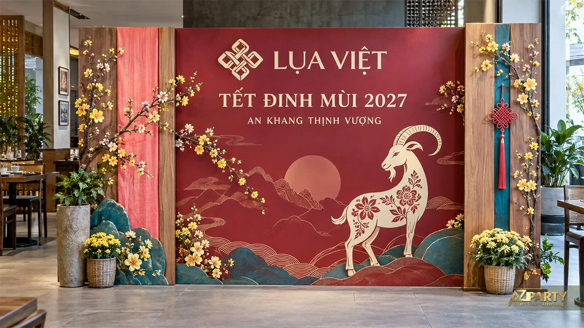 Backdrop nền đỏ viền gỗ, hoa mai vàng và hình dê tại không gian nhà hàng
