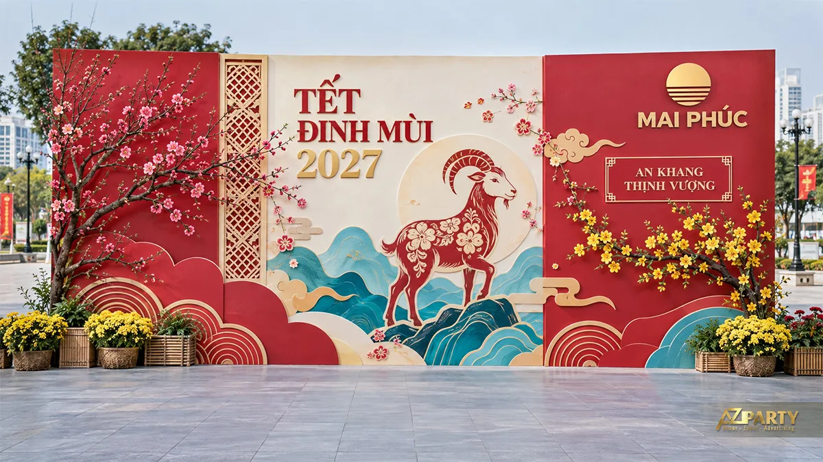 Backdrop ngoài trời đỏ kem với hoa đào, hoa mai và mô hình dê trên nền núi