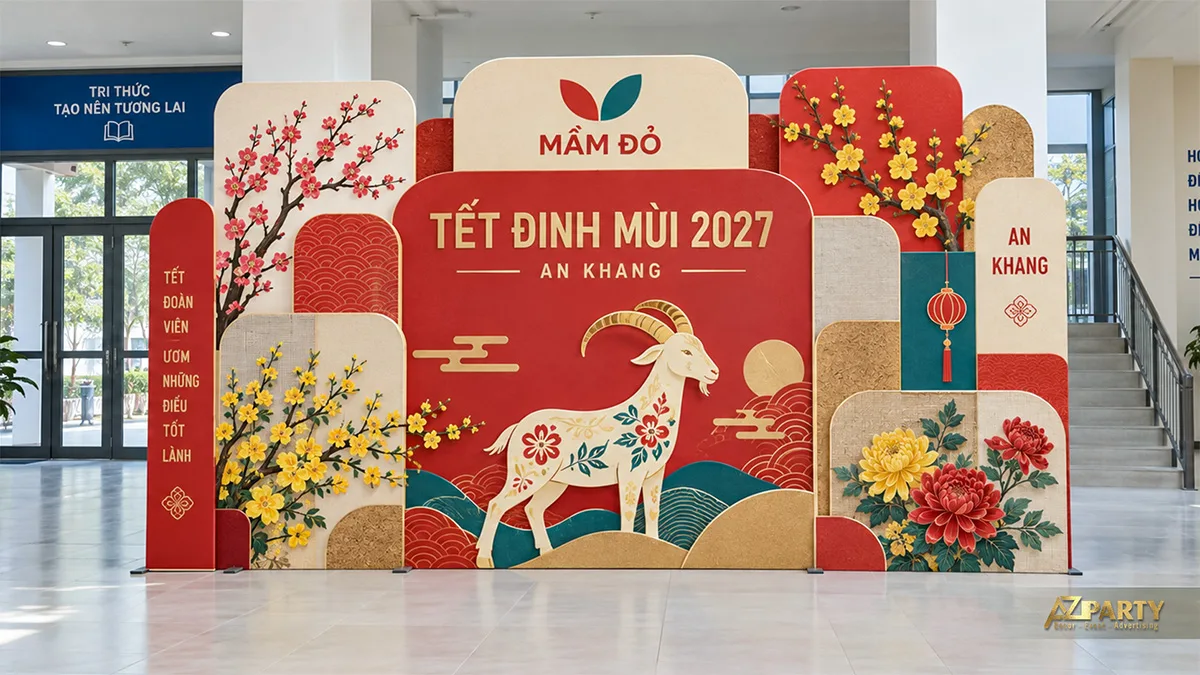 Backdrop ghép khối đỏ kem xanh với hoa mai, hoa đào và tranh mẫu đơn
