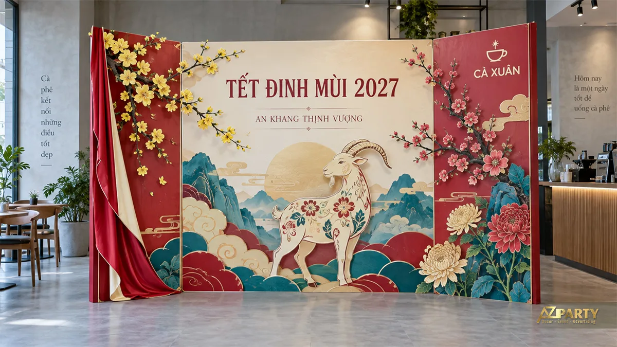 Backdrop quán cà phê với rèm đỏ, tranh núi xanh và hình dê trang trí