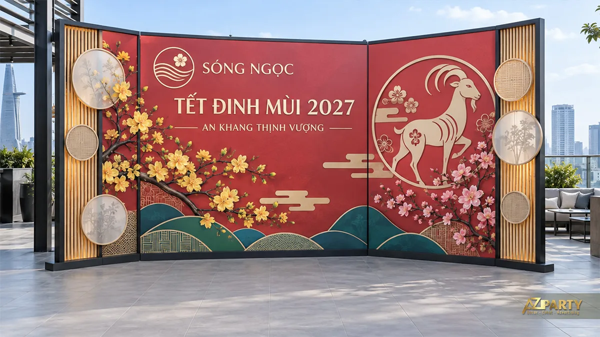 Backdrop sân thượng đỏ xanh với khung tre, hoa mai đào và hình dê tròn