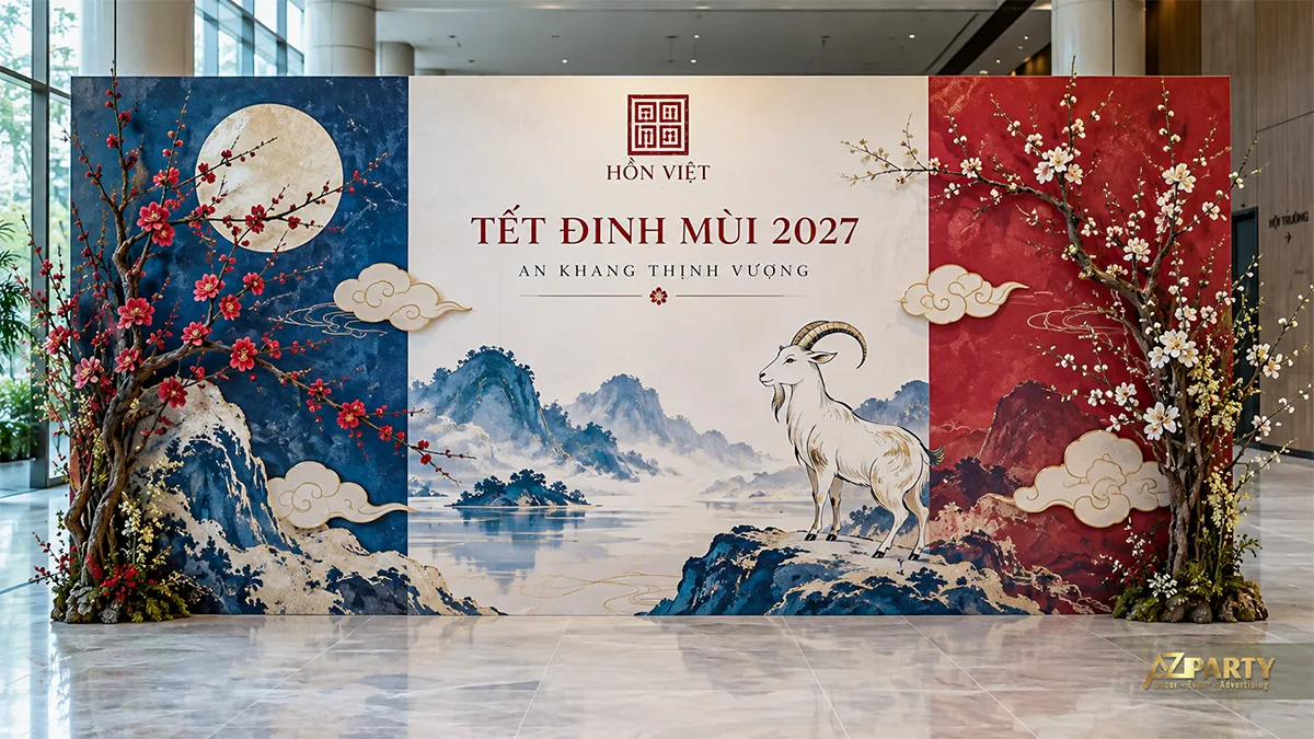 Backdrop ba mảng xanh đỏ kem với trăng tròn, tranh núi và cành hoa