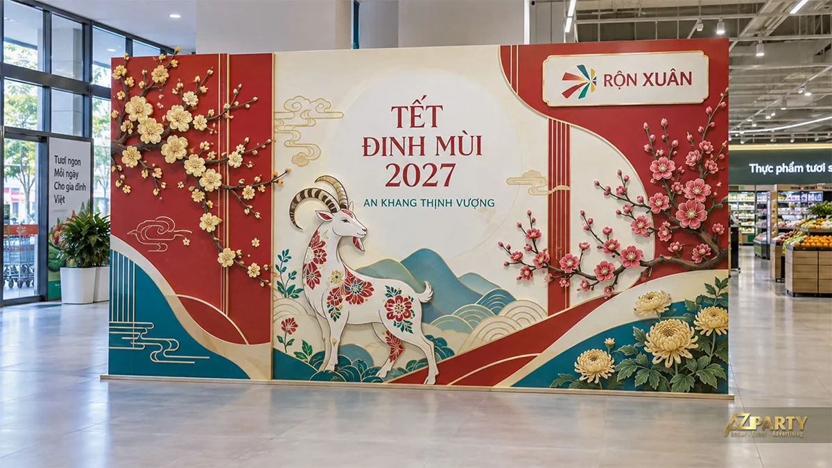 Backdrop trong siêu thị với hoa đào mai, mô hình dê và mảng uốn đỏ kem