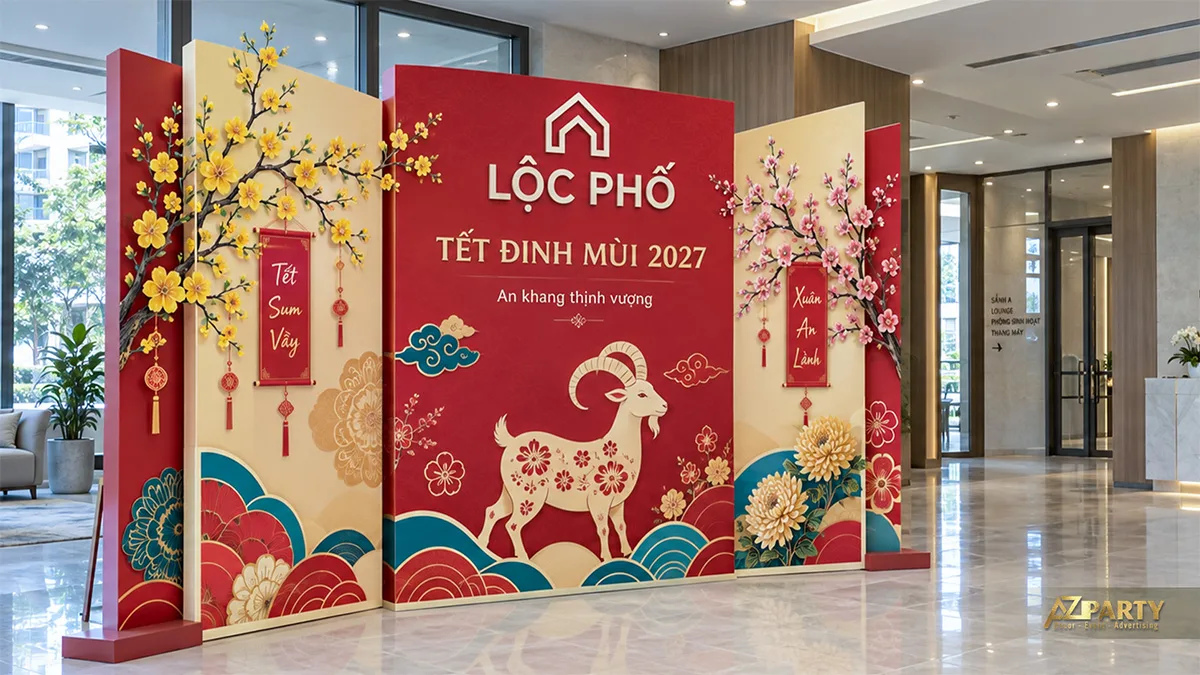 Backdrop nhiều lớp đỏ kem với đèn lồng, hoa mai đào và hình dê ở giữa