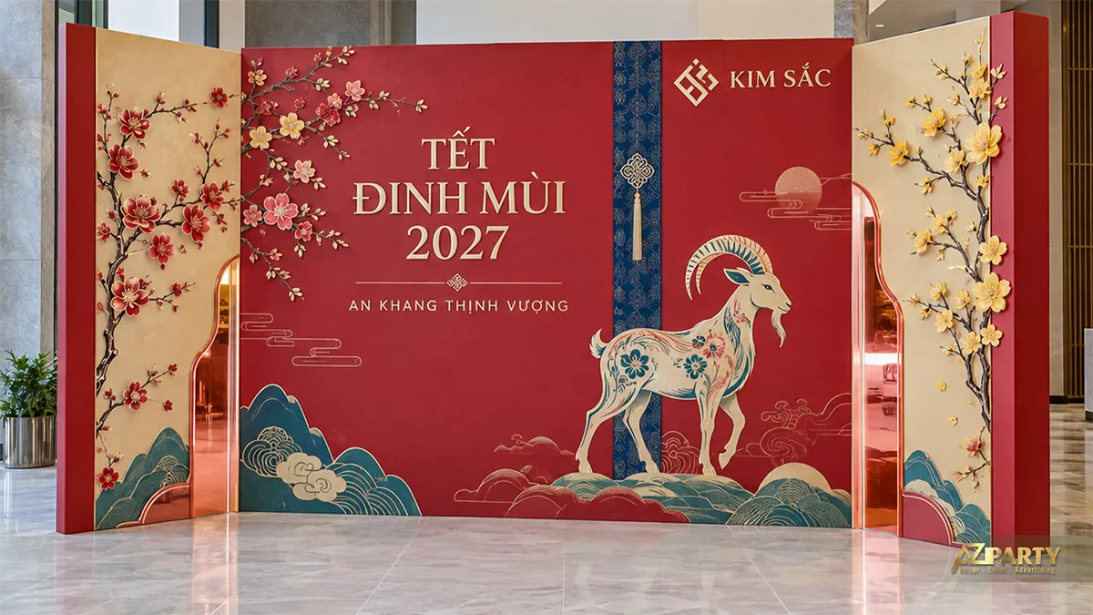 Backdrop đỏ đậm với dải xanh, hoa mai đào và mô hình dê cách điệu
