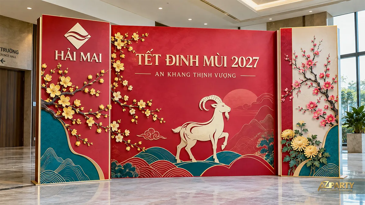 Backdrop sảnh hội trường đỏ kem với cành mai, cành đào và hình dê trên nền núi