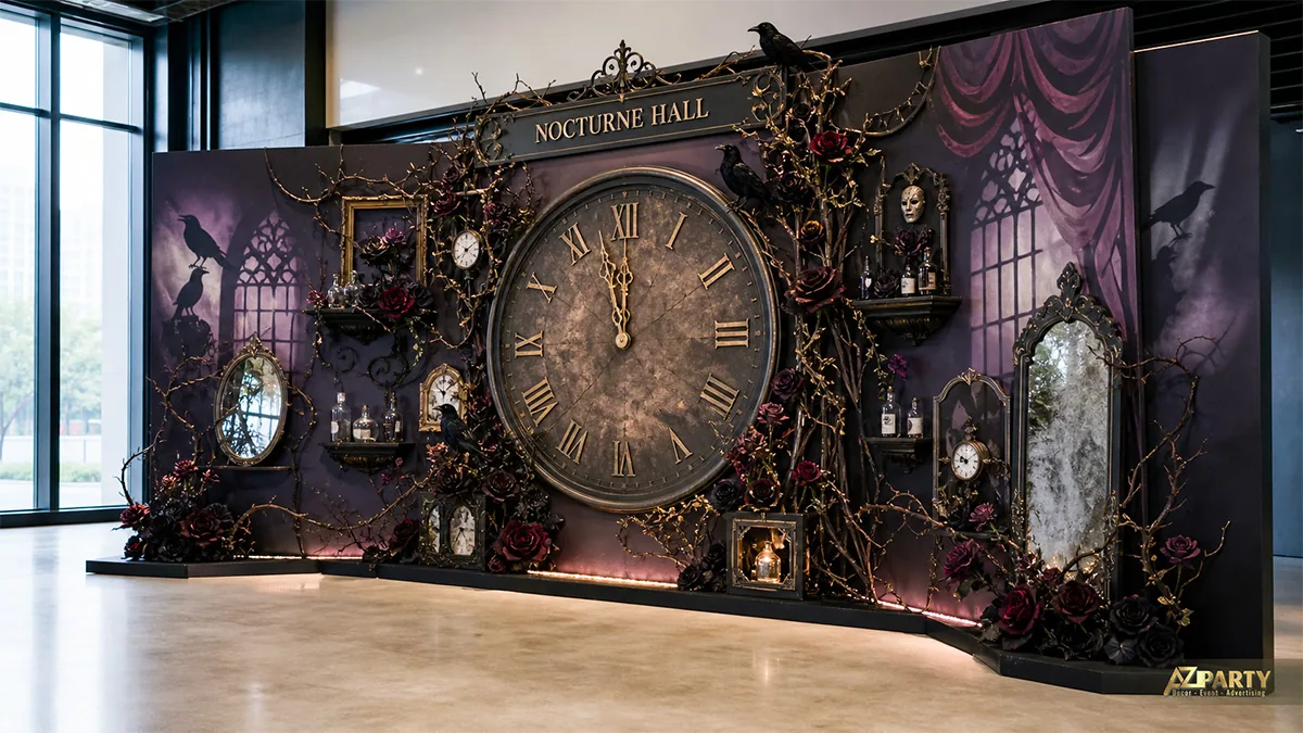 Backdrop đồng hồ khổng lồ Nocturne Hall với gương cổ, hoa hồng đen và quạ