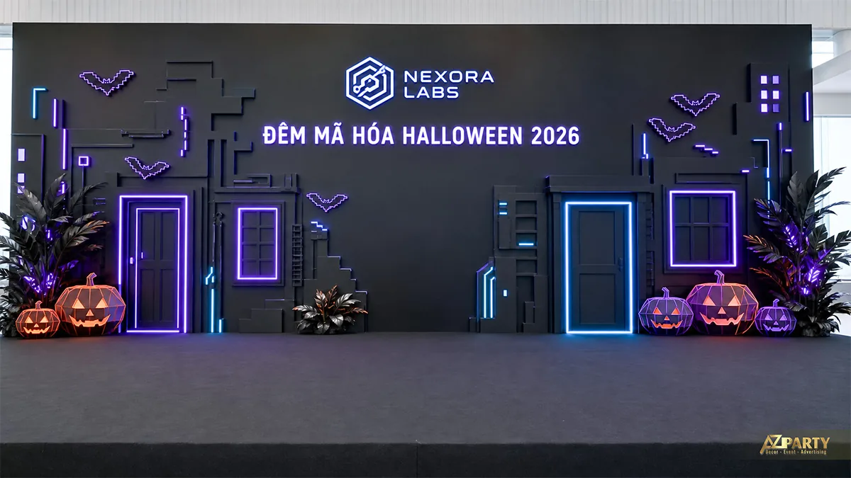 Phông sân khấu Halloween hiện đại với đường nét neon xanh tím và họa tiết hình học