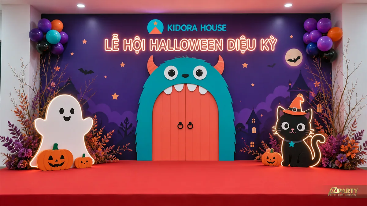 Backdrop Halloween trẻ em với cánh cửa quái vật xanh, mèo phù thủy và ma trắng