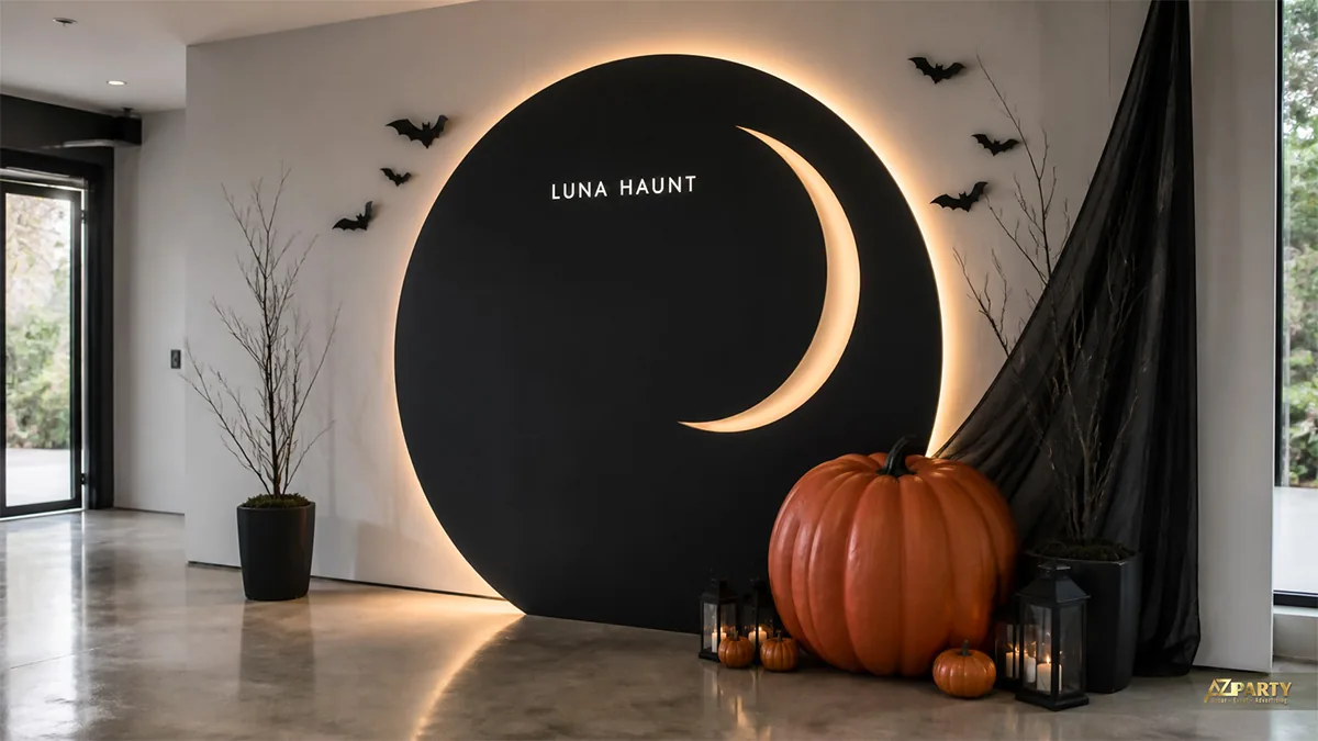 Backdrop trăng khuyết màu đen với bí ngô lớn và đèn lồng đặt trong sảnh