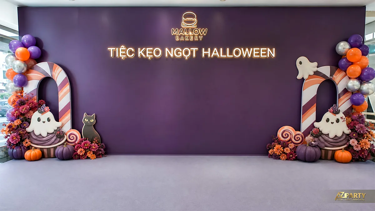 Phông Halloween kẹo ngọt với bánh ma, mèo đen, bí ngô và bóng tím cam
