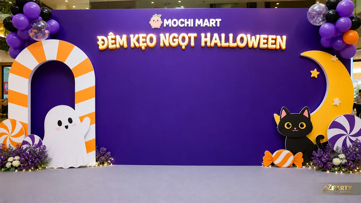 Phông check-in Halloween màu tím cam với ma trắng, mèo đen, trăng và kẹo