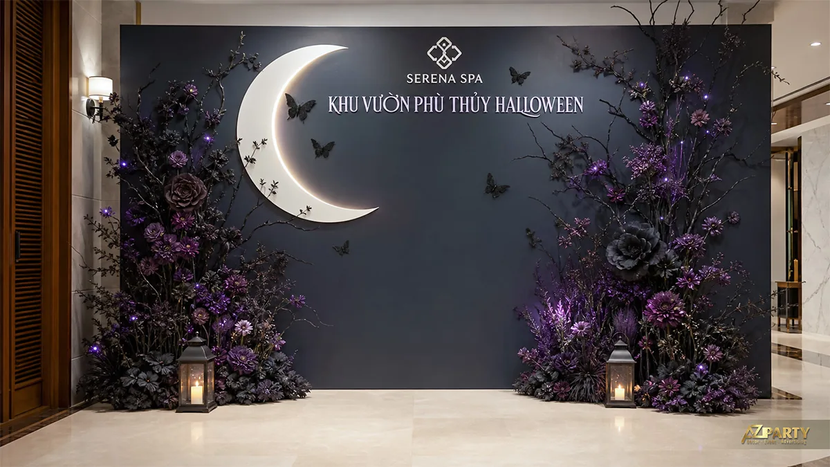 Backdrop khu vườn phù thủy với trăng khuyết, cành cây đen và hoa tím phát sáng