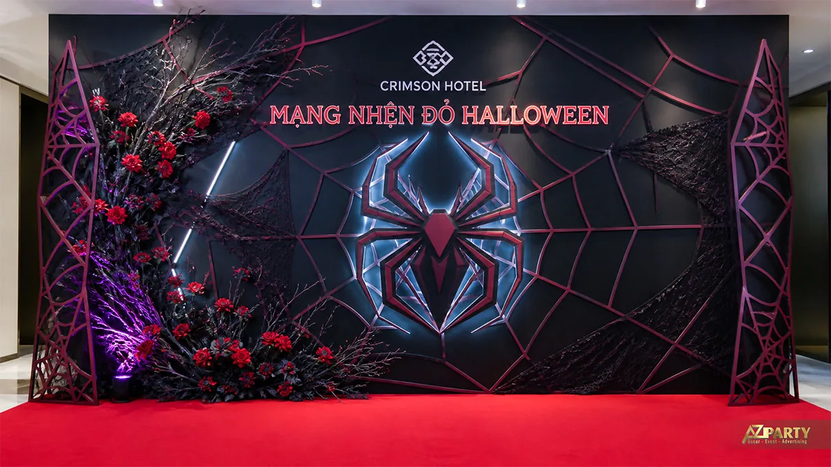 Phông Halloween mạng nhện với mô hình nhện khối, hoa hồng đỏ và ánh sáng trắng