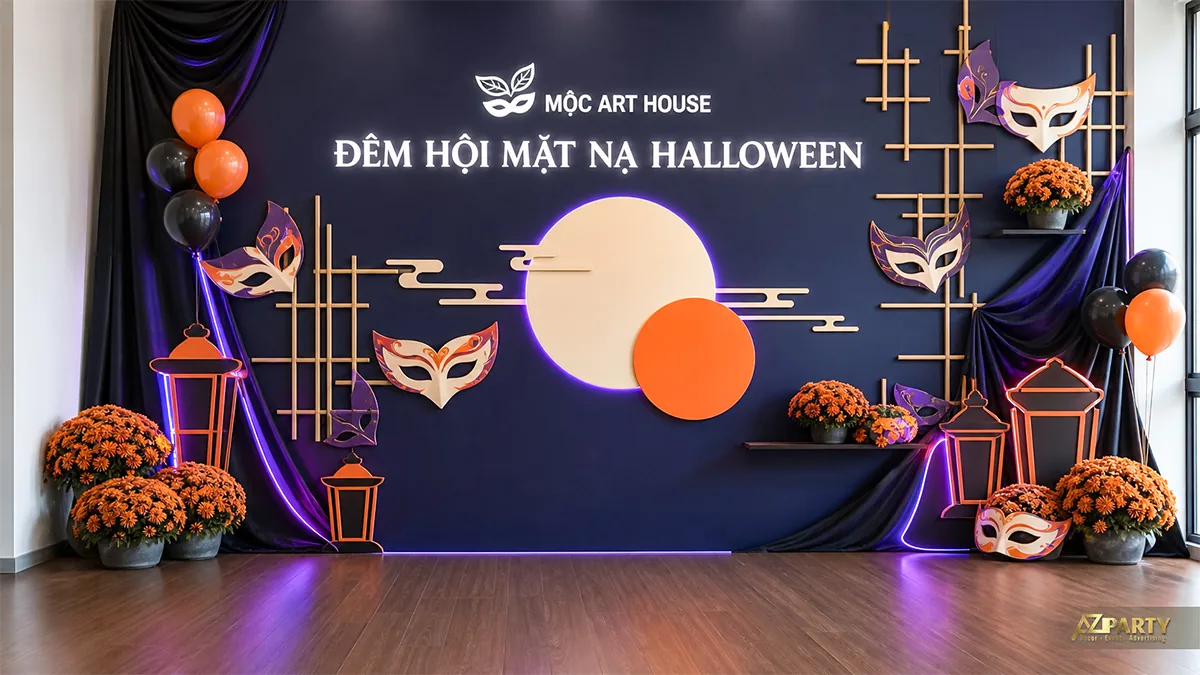 Backdrop dạ hội Halloween với mặt nạ, trăng cách điệu, hoa cúc cam và ánh tím
