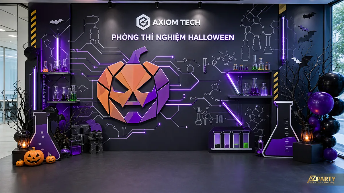 Backdrop phòng thí nghiệm Halloween với mạch điện neon tím, bí ngô khối và ống nghiệm