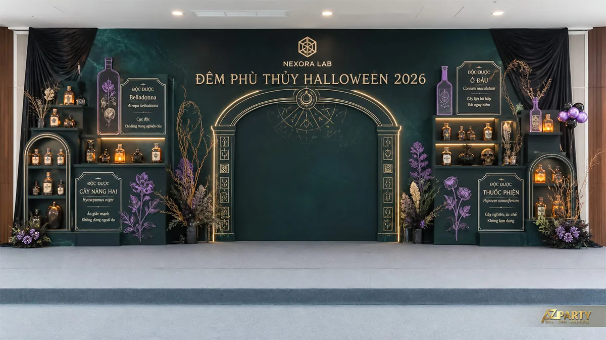 Phông Halloween phòng thí nghiệm phù thủy với kệ độc dược, chai lọ và hoa tím