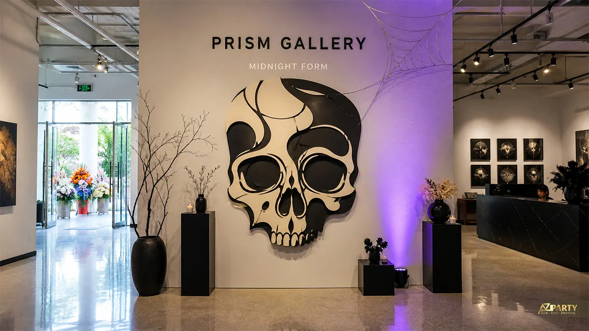Backdrop phòng tranh Halloween với đầu lâu đen trắng và ánh sáng tím