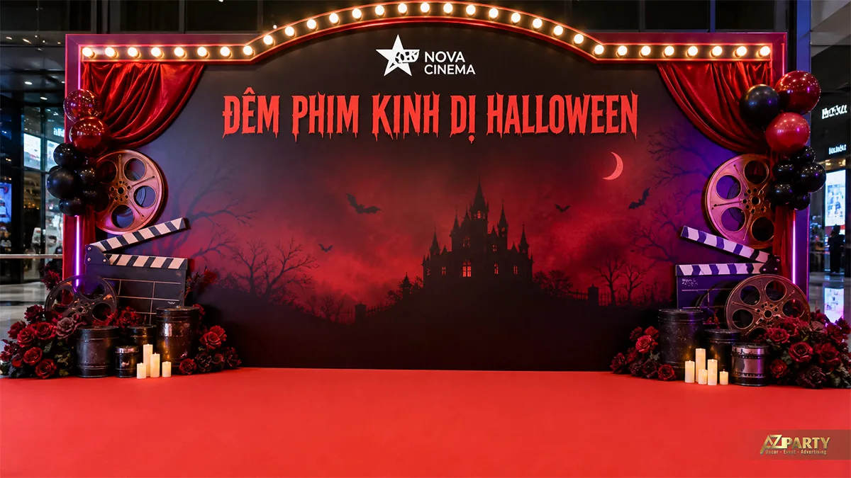 Backdrop đêm phim Halloween với lâu đài, cuộn phim, bảng clapper và rèm đỏ