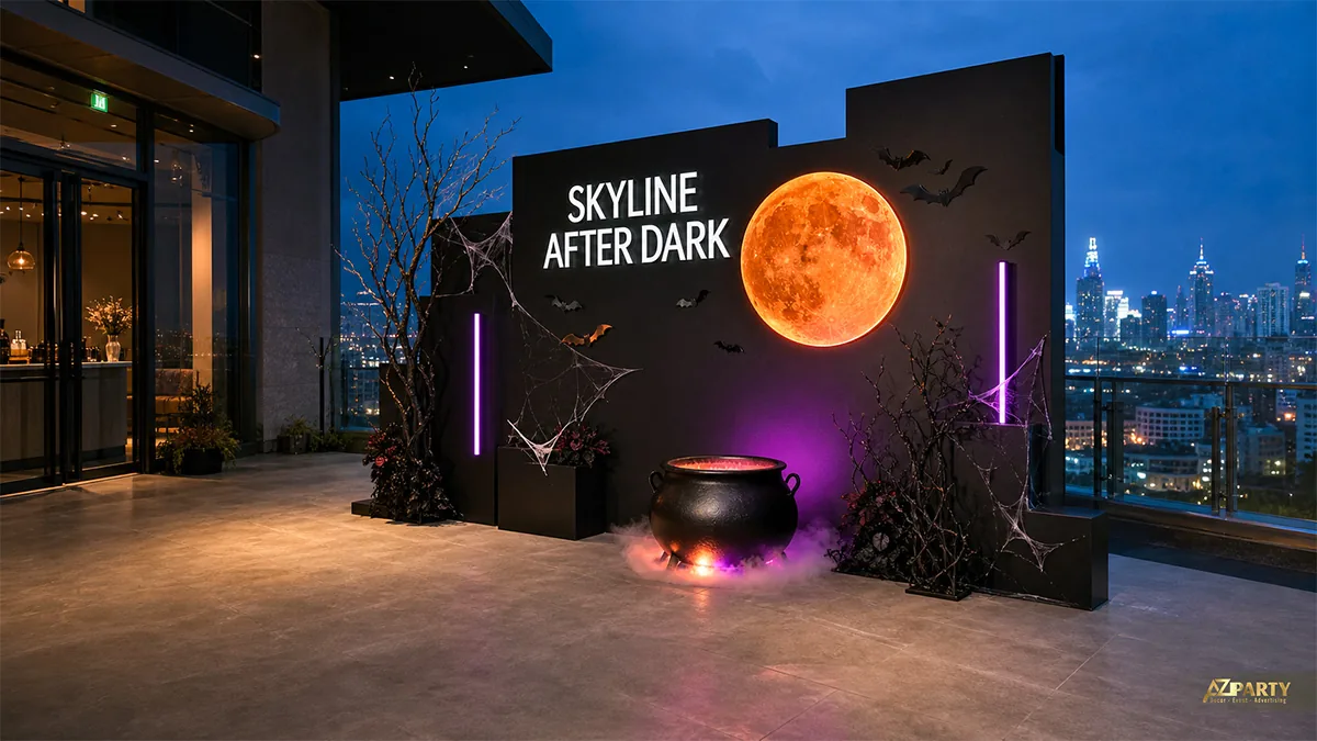 Backdrop Halloween trên sân thượng với trăng cam, nồi phép thuật và làn sương tím