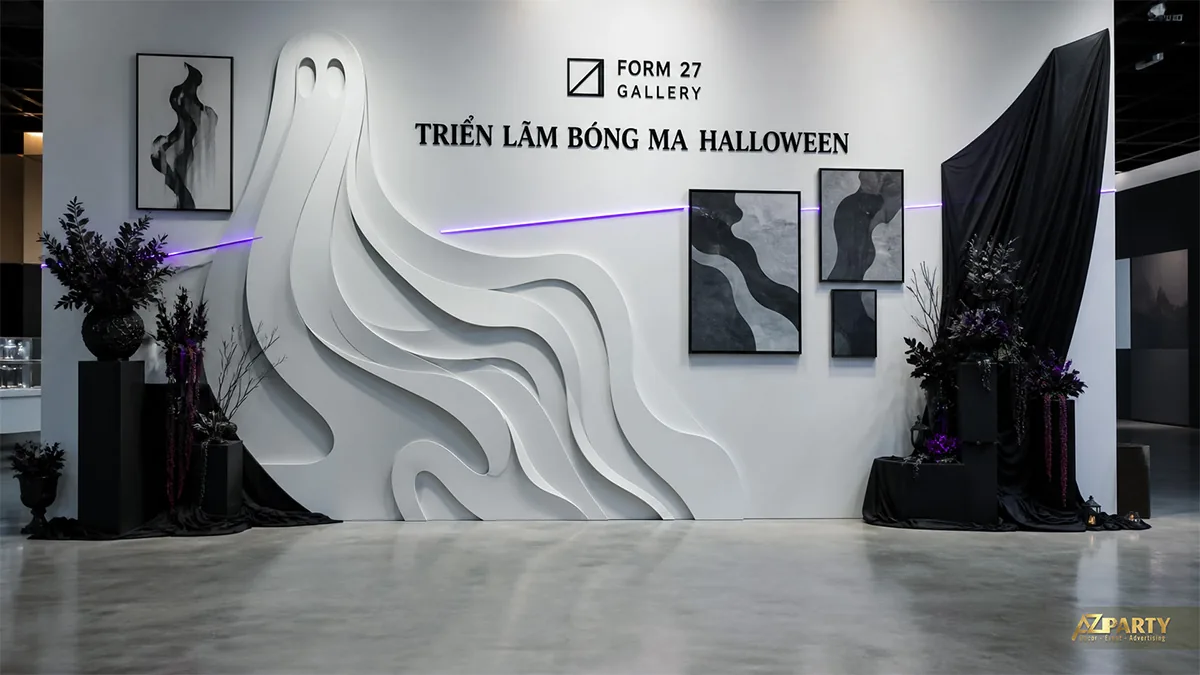 Phông Halloween tối giản với hình bóng ma trắng nhiều lớp, tranh trừu tượng và ánh tím