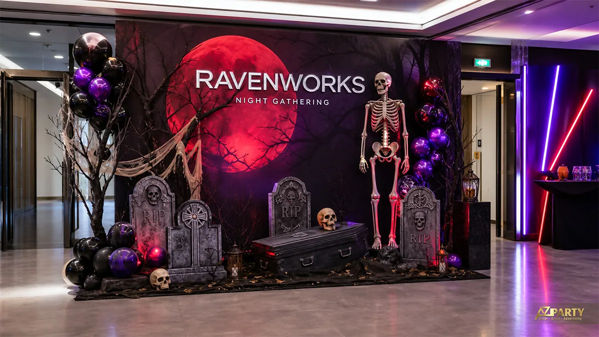 Backdrop Halloween trăng đỏ với bộ xương đứng, quan tài, bia mộ và bóng đen tím