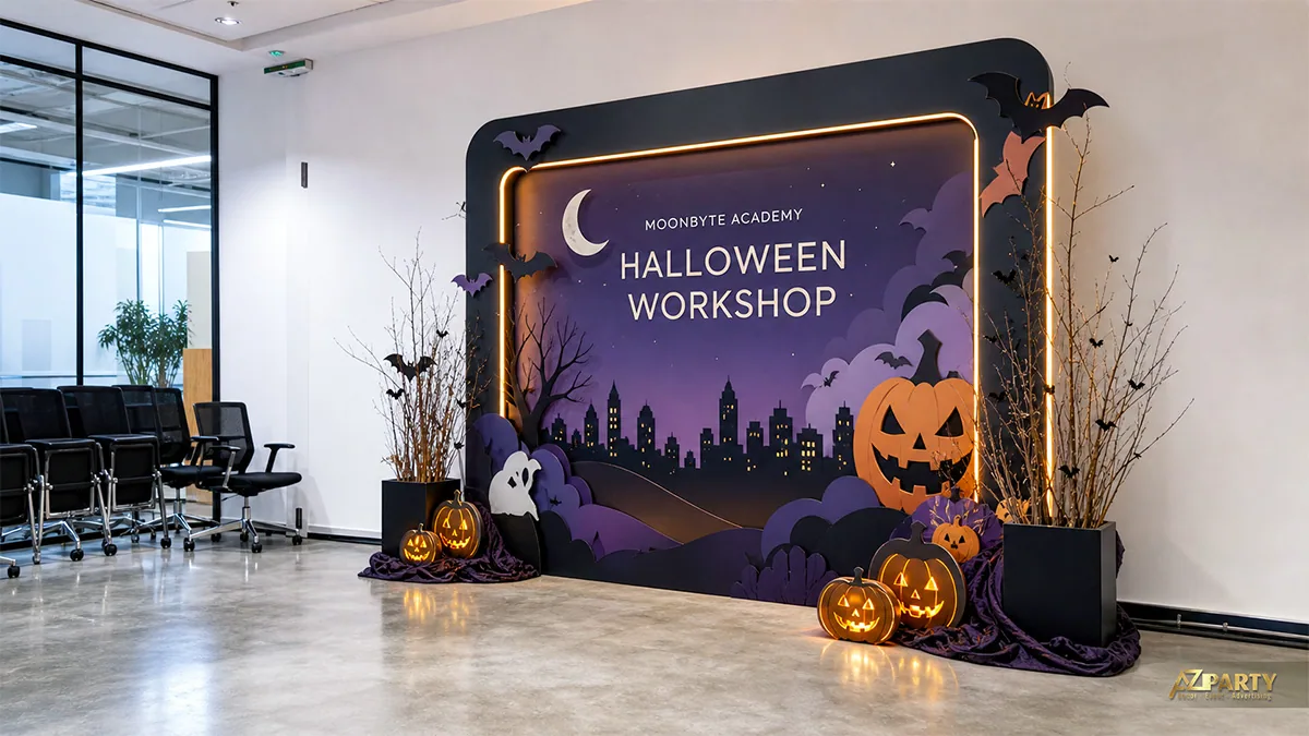 Backdrop Halloween Workshop trong phòng họp với thành phố đêm, bí ngô và dơi