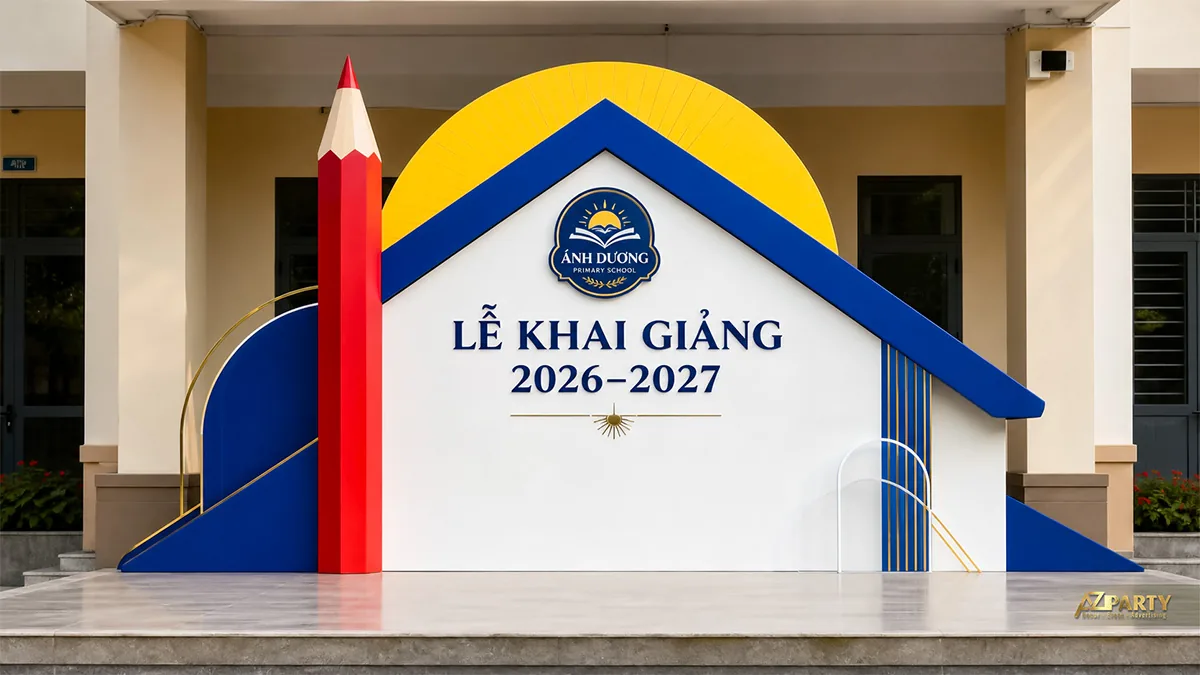 Backdrop trường Ánh Dương tạo hình ngôi trường và cây bút chì đỏ cho ngày khai giảng