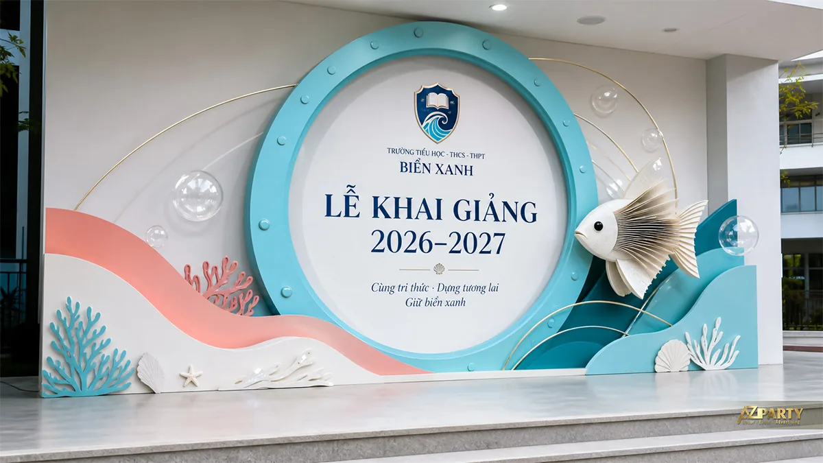Backdrop lễ khai giảng trường Biển Xanh với cá, san hô và những lớp sóng xanh hồng