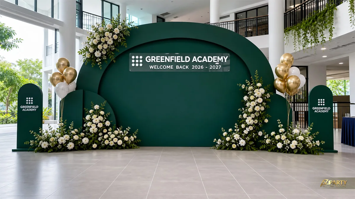 Backdrop check-in Greenfield Academy màu xanh lá đậm, trang trí hoa trắng và bóng vàng