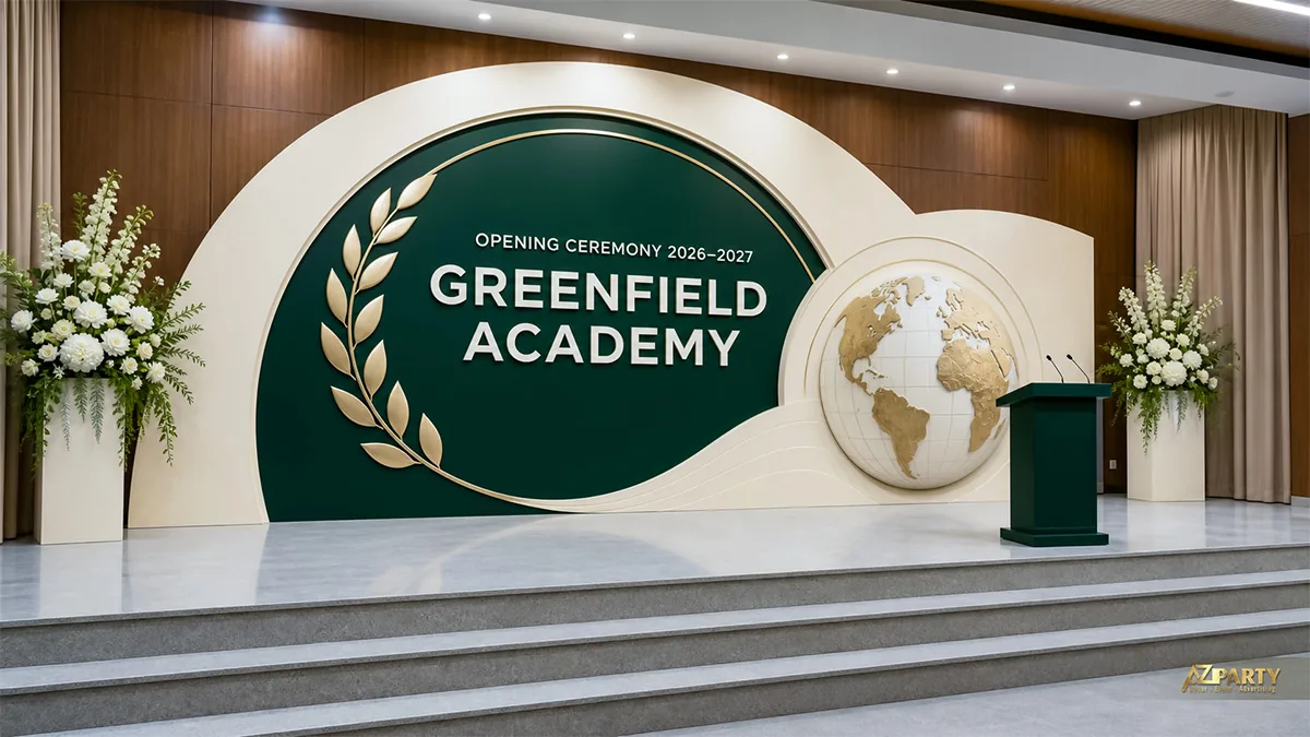 Backdrop khai giảng Greenfield Academy xanh kem với nhành lá, quả địa cầu và hoa trắng