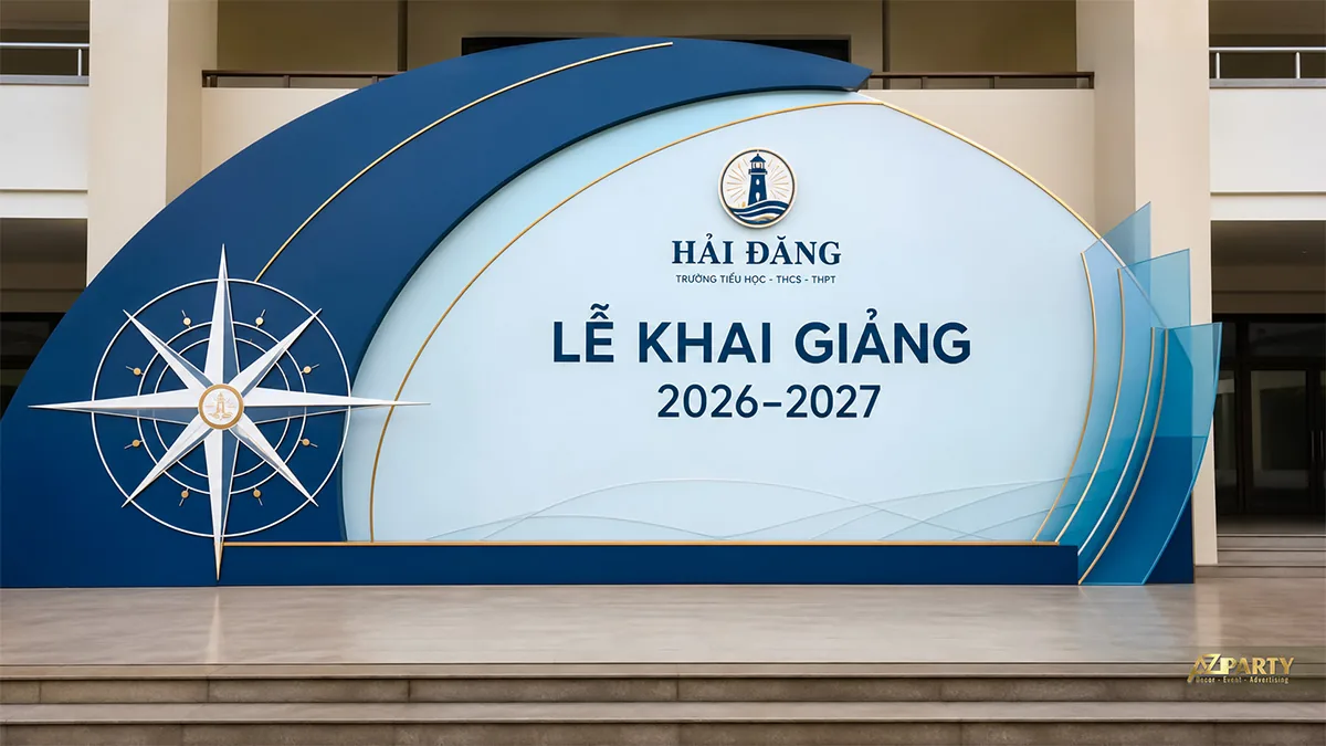 Backdrop khai giảng trường Hải Đăng màu xanh dương với mô hình la bàn lớn