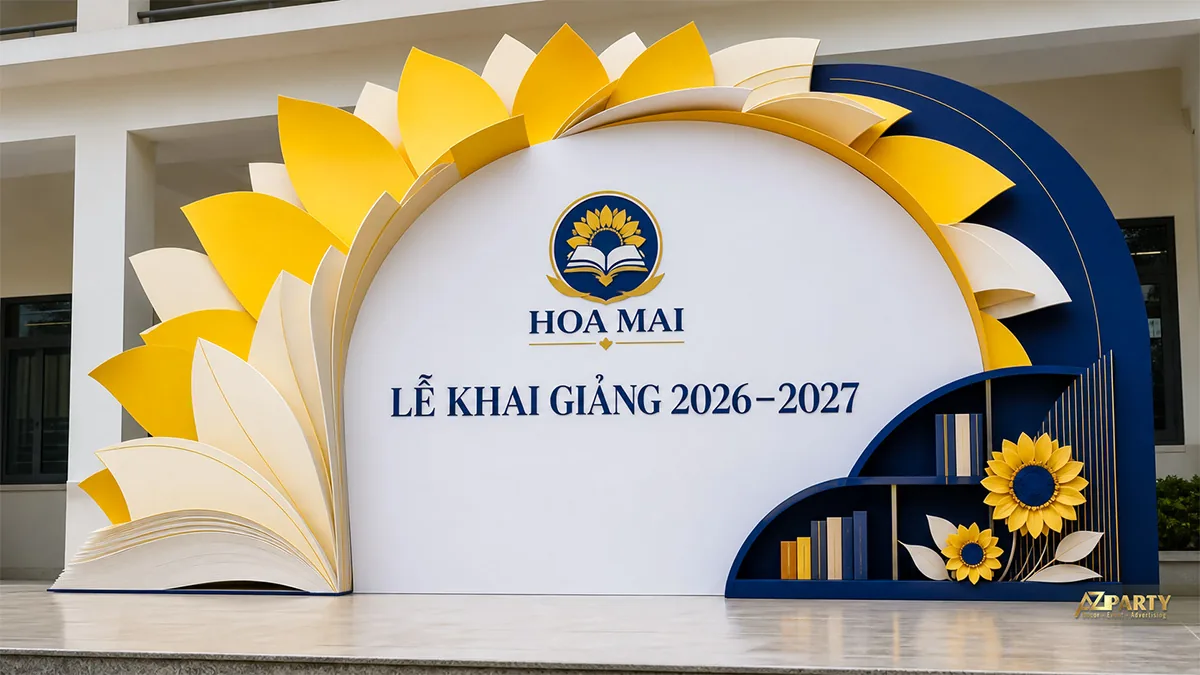 Backdrop lễ khai giảng Hoa Mai với sách mở, cánh hoa vàng và hoa hướng dương