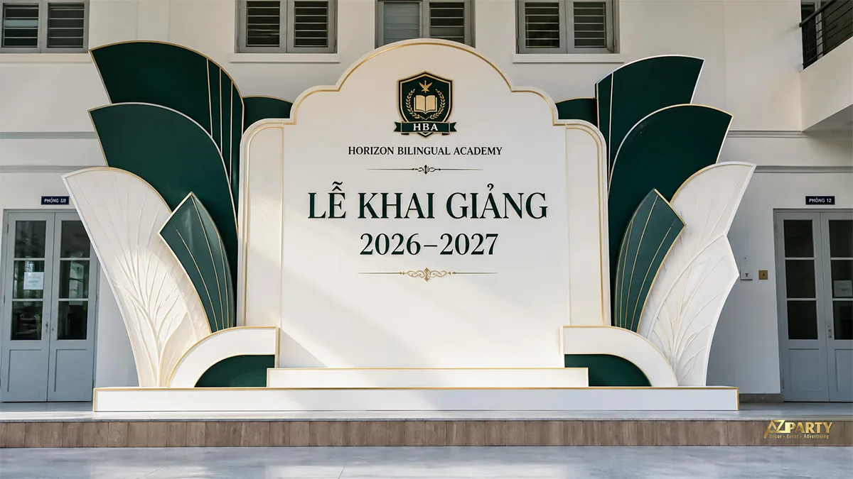 Backdrop khai giảng Horizon Bilingual Academy màu xanh lá, trắng và viền vàng
