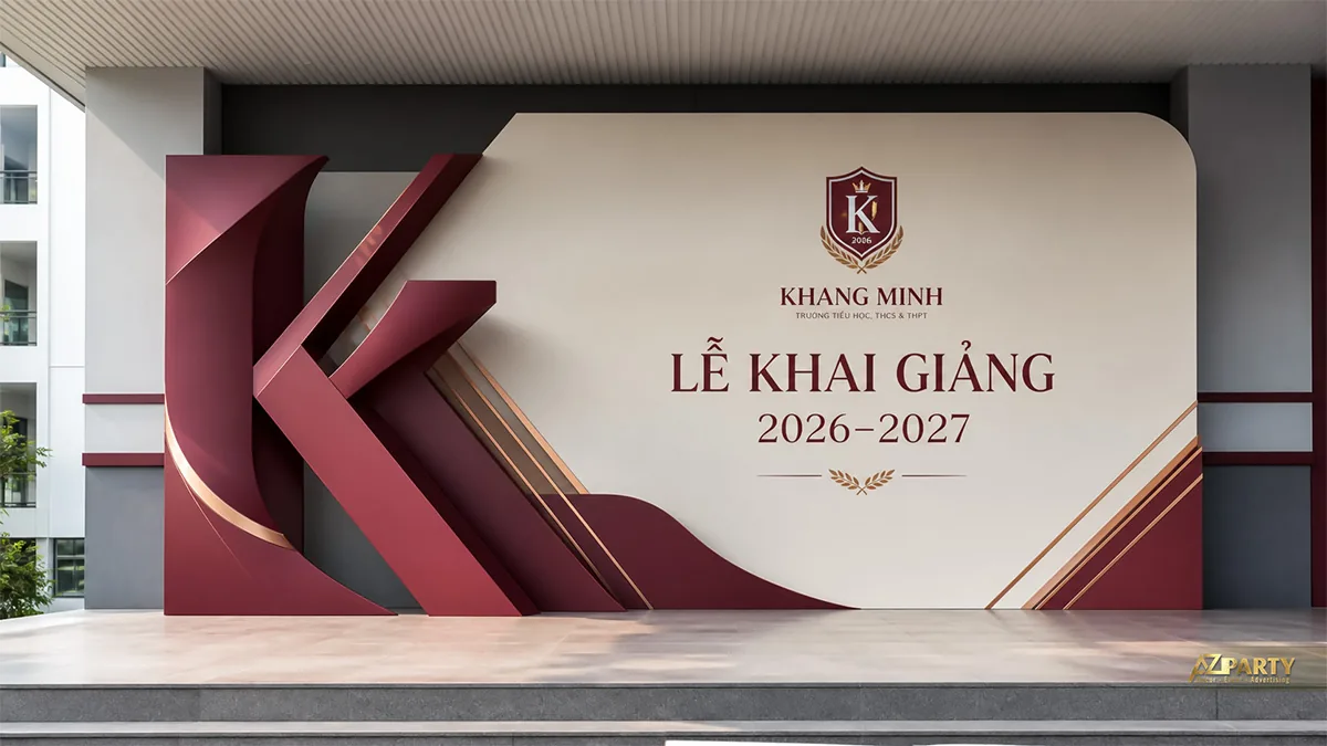 Backdrop khai giảng Khang Minh màu đỏ đô, kem và các khối hình học chữ K