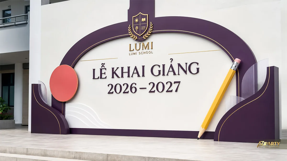 Backdrop khai giảng Lumi School màu tím trắng với cây bút chì vàng nổi bật