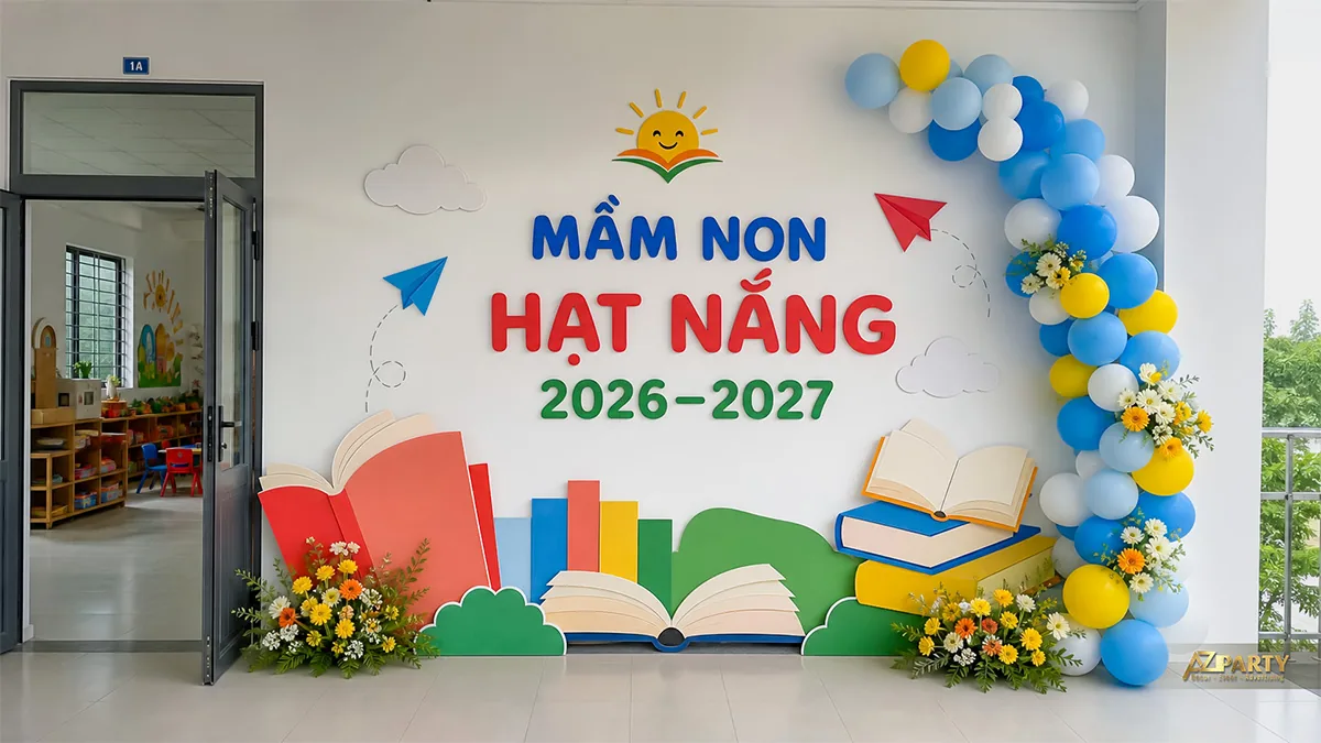 Backdrop mầm non Hạt Nắng với sách mở, máy bay giấy, hoa và vòng bóng xanh vàng