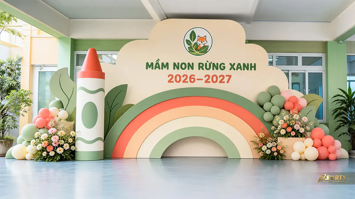 Backdrop mầm non Rừng Xanh màu xanh hồng với cầu vồng, bút sáp, hoa và bóng