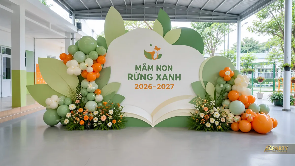 Backdrop khai giảng mầm non Rừng Xanh hình sách mở, lá cây và bóng xanh cam