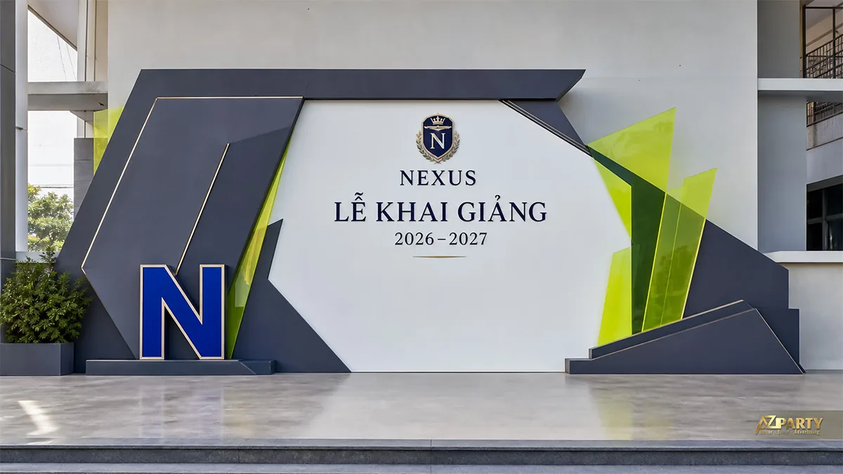 Backdrop khai giảng Nexus màu xám đậm và xanh neon theo phong cách hình học hiện đại